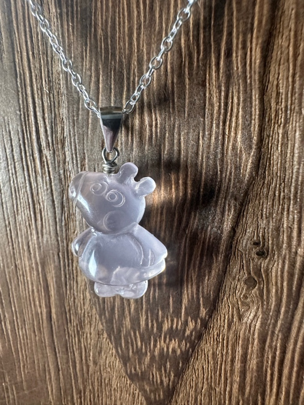 Light Pink Rose Quartz Peppa Pig Pendant Necklace, Sterling Silver Bail - Picture 7 of 10
